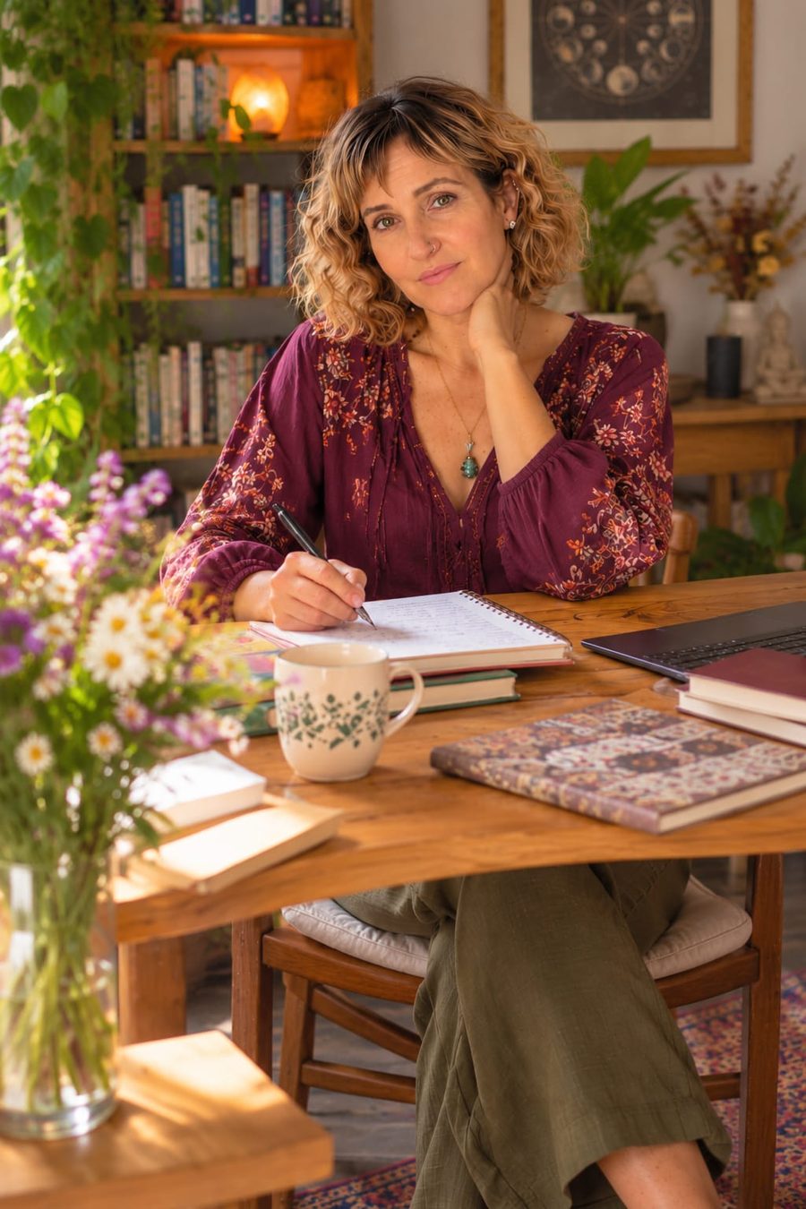 Ro escribiendo en su escritorio, rodeada de libros, plantas y flores